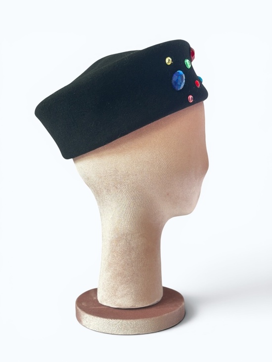 Avant-Garde Sculptural 80’s Beret Felt Hat with Jeweled Rhinestone Detailing main image 5